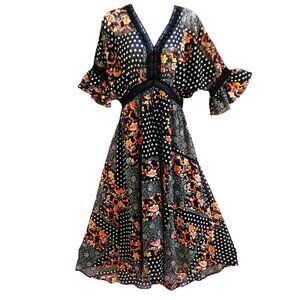 NEW Nasty Gal Collection Maxi Dress Floral Spot Mix Black Crochet Inset US 8